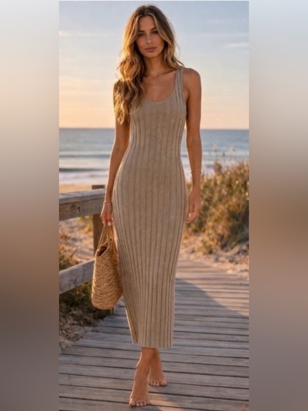 Free People Beach Taupe Ribbed Knit Bodycon Maxi Dress